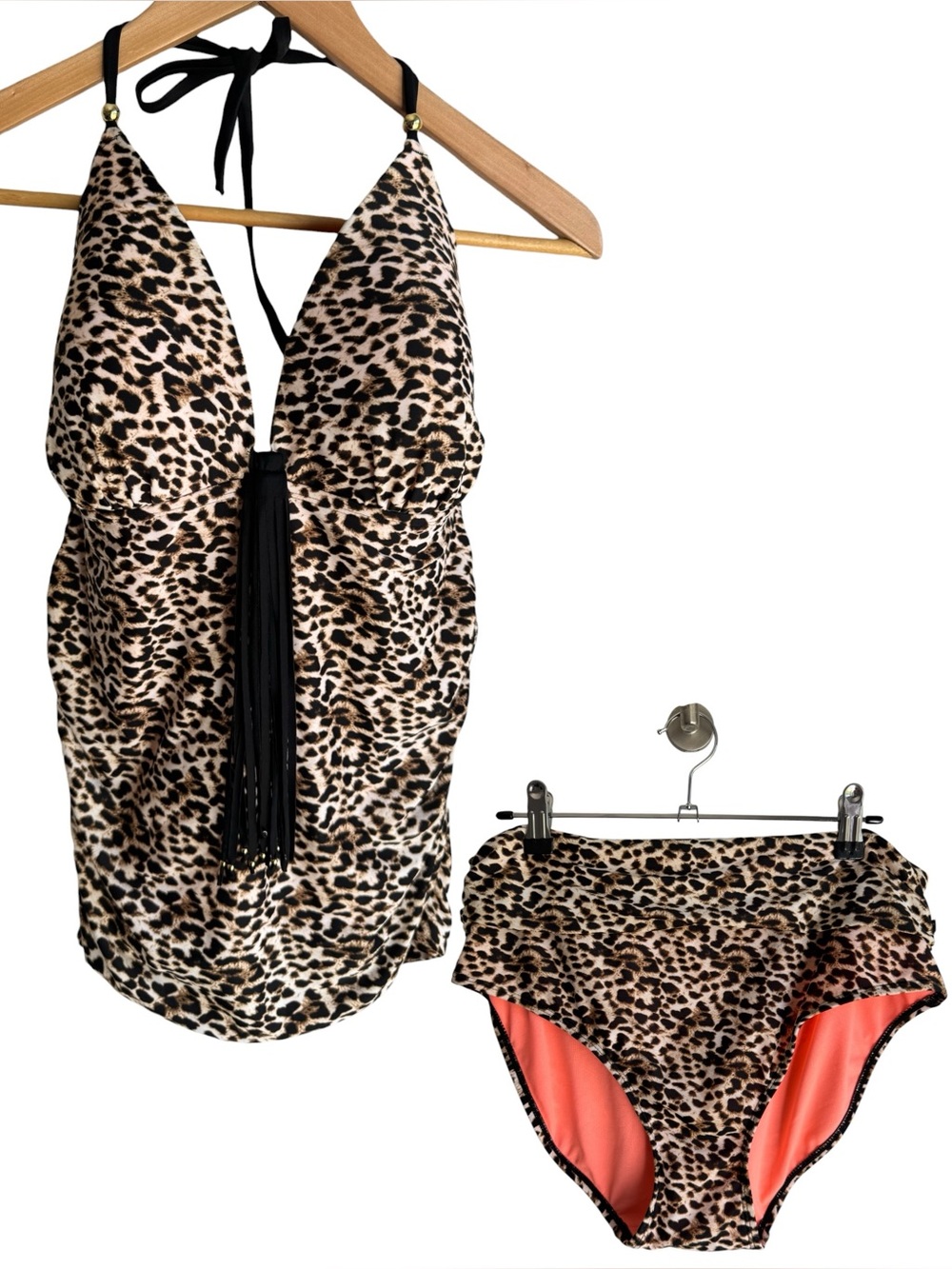 Aqua Leopard Print Tankini + Bottoms Sz L Swimsuit Halter High Waisted Sexy EUC
